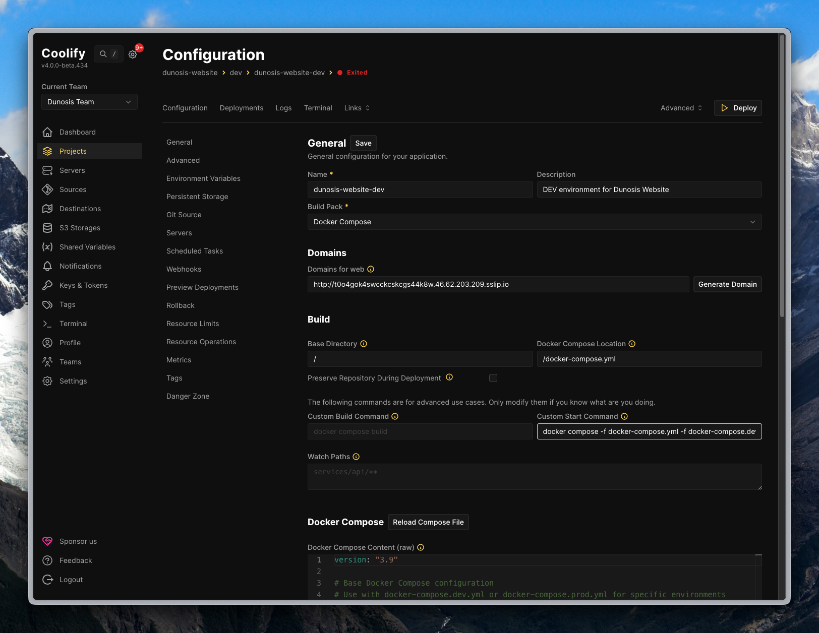 Application configuration panel